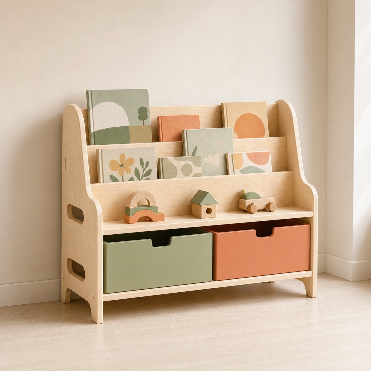 A low rounded wooden bookshelf with front-facing books and storage bins.