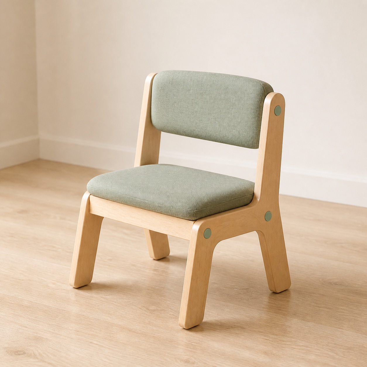 A child-sized wooden chair with a pale green upholstered seat.