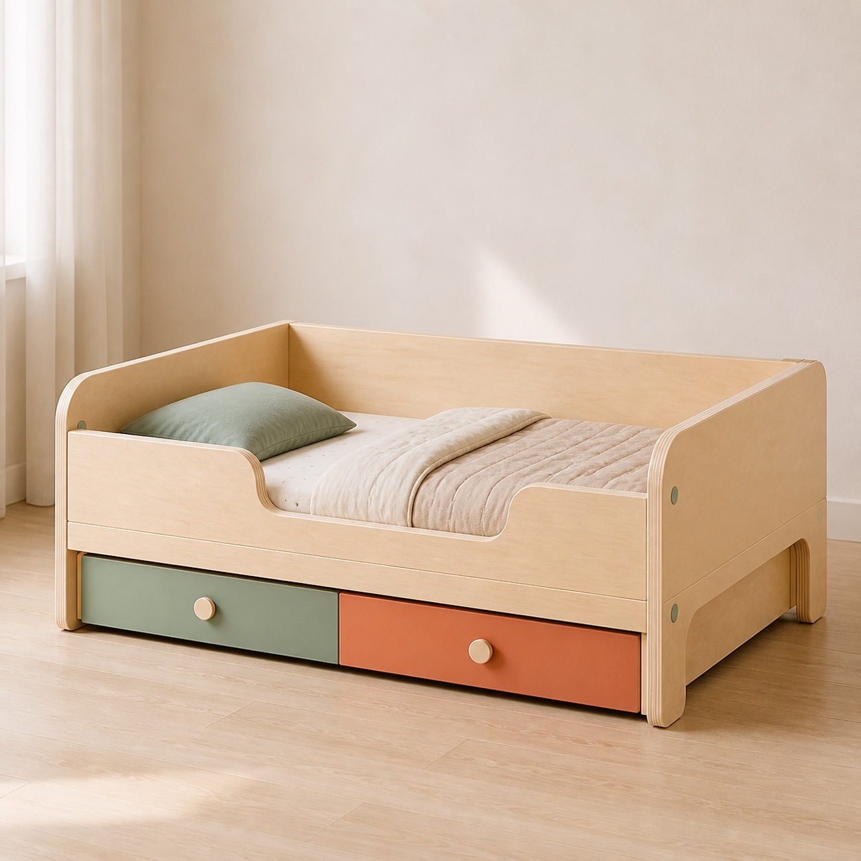 A rounded light-wood newborn bed with sage drawer fronts.