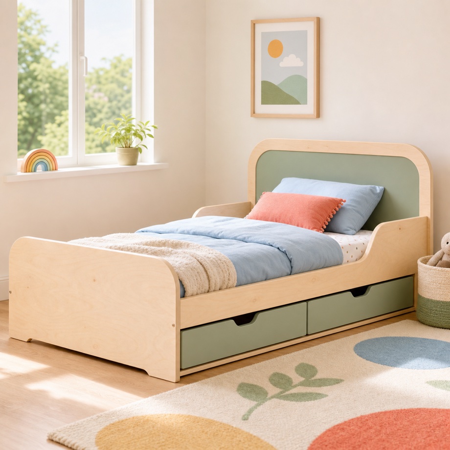A low rounded wood bed with sage storage drawers and soft edges.