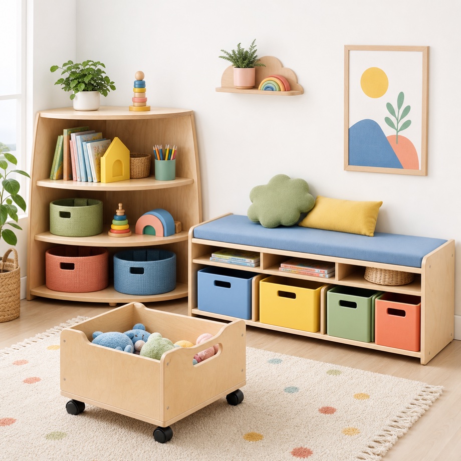 A low wooden storage bench with colorful bins and open compartments.