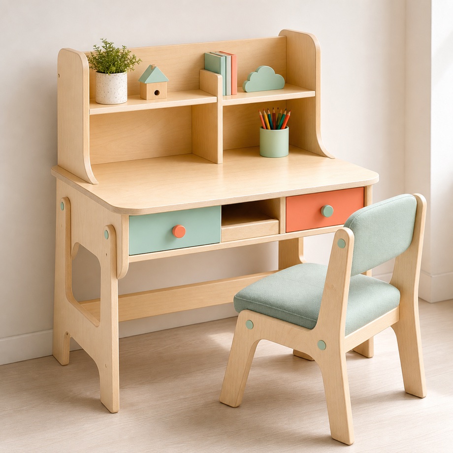 A child-sized wooden desk with shelves, colored drawers, and a matching chair.